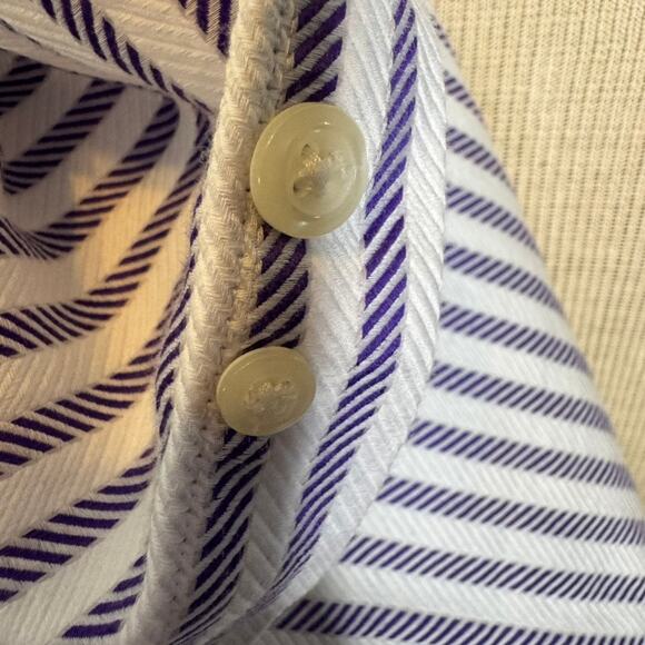 Paul Fredrick Blue White Herringbone Stripe French Cuff Dress Shirt 15.5 32 - Picture 7 of 8
